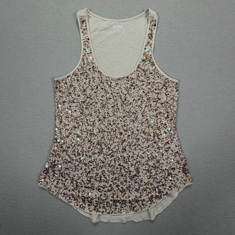 Express Tank Top Womens XS Good Tan Sequin Dreamweight Cotton Scoop Neck